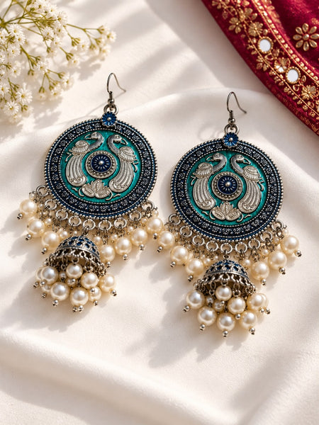 Oxidised Teal Peacock Pearl Jhumka Earrings