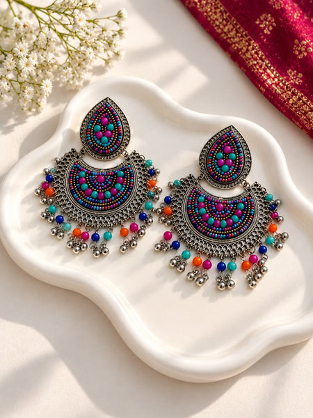 Oxidised Multicolor Bead Filigree Jhumka Earrings