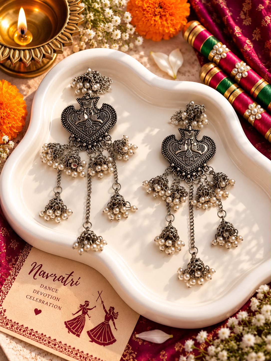 Oxidised Peacock Heart Multi-Jhumka Earrings
