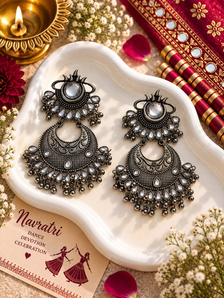 Oxidised White Stone Crescent Chandbali Earrings