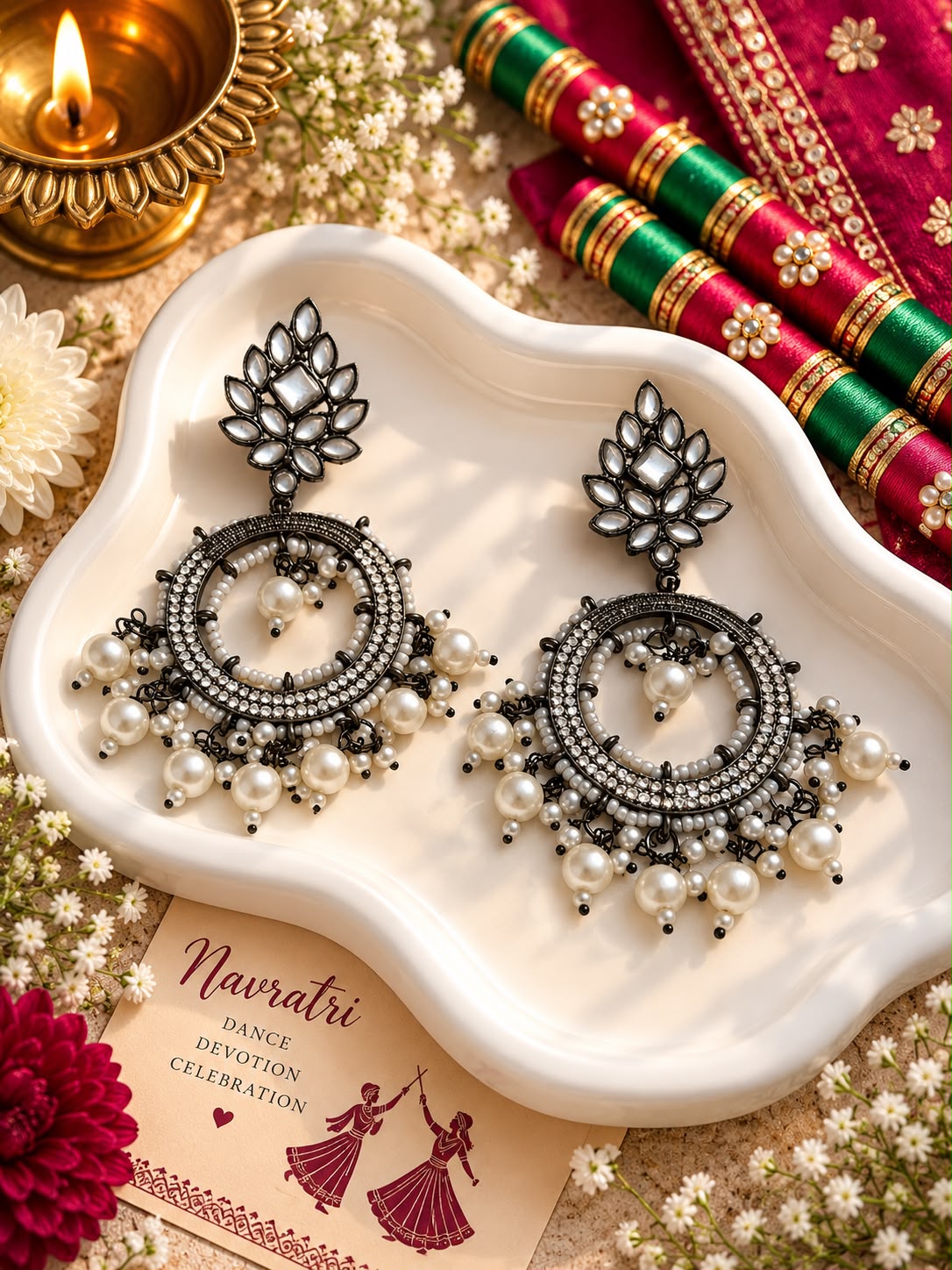 Oxidised Pearl Chandbali Earrings