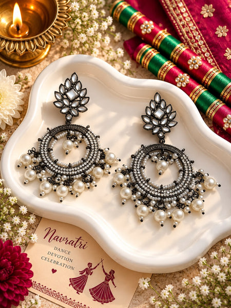 Oxidised Pearl Chandbali Earrings