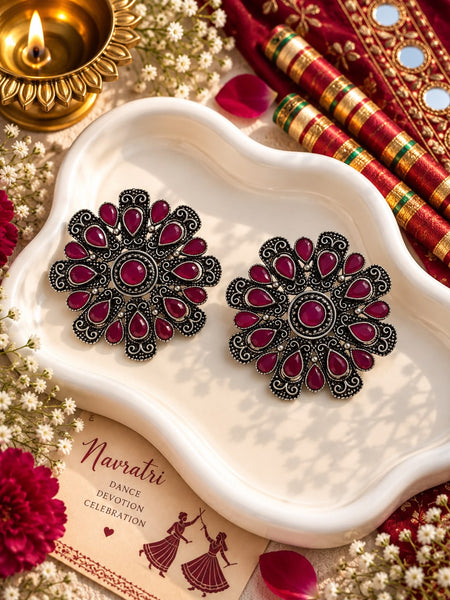 Oxidised Pink Stone Flower Stud Earrings