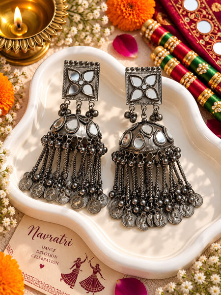 Oxidised Mirror Coin Jhumka Earrings