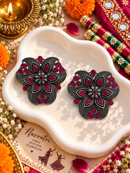 Oxidised Pink Stone Floral Cluster Studs