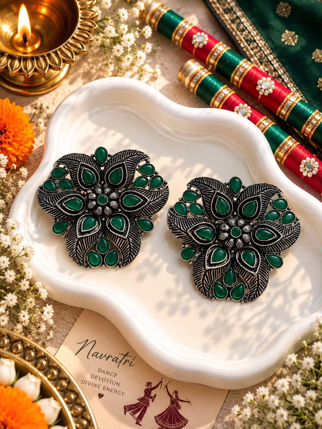 Oxidised Green Stone Star Floral Studs