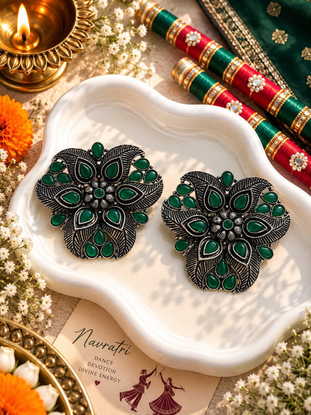 Oxidised Green Stone Star Floral Studs