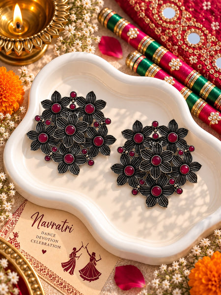 Oxidised Black Stone Rosette Studs
