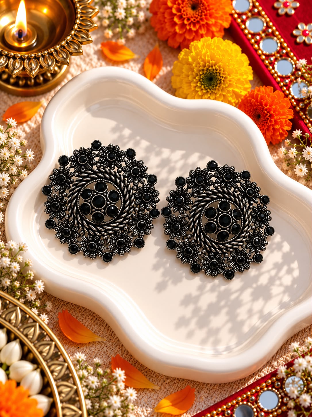 Oxidised Black Stone Floral Cluster Studs