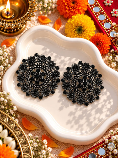 Oxidised Black Stone Floral Cluster Studs