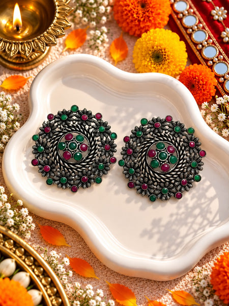 Oxidised Multicolor Stone Rosette Studs