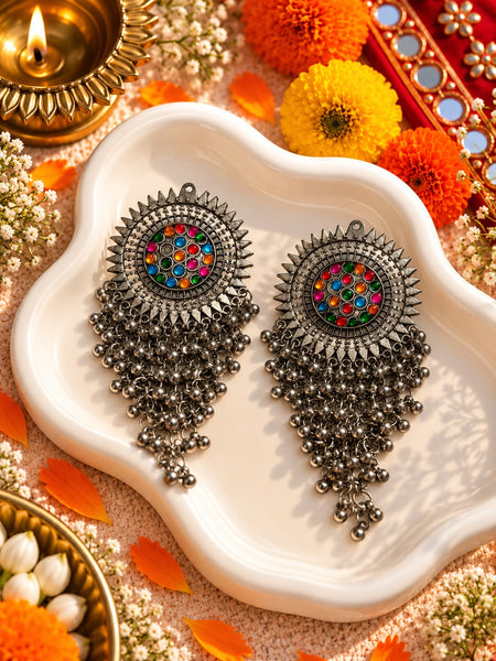 Oxidised Multicolor Stone Sunburst Jhumka Earrings