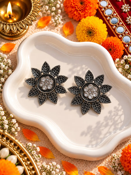 Oxidised Crystal Sunflower Leaf Studs