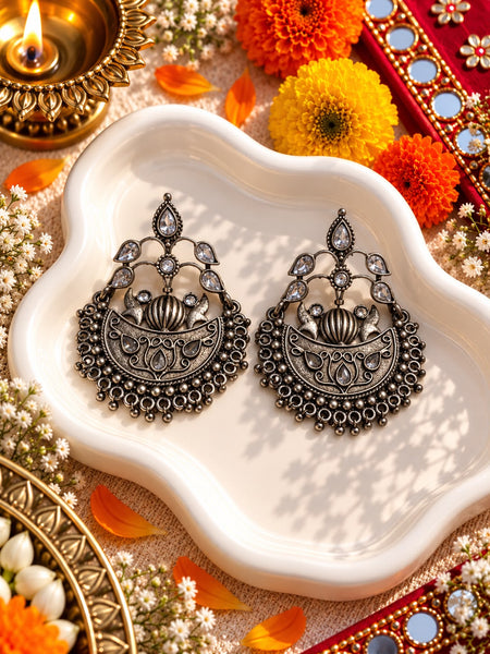 Oxidised Crystal Parrot Chandbali Earrings