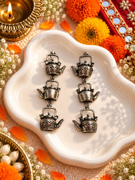 Oxidised Kettle Charm Dangle Earrings