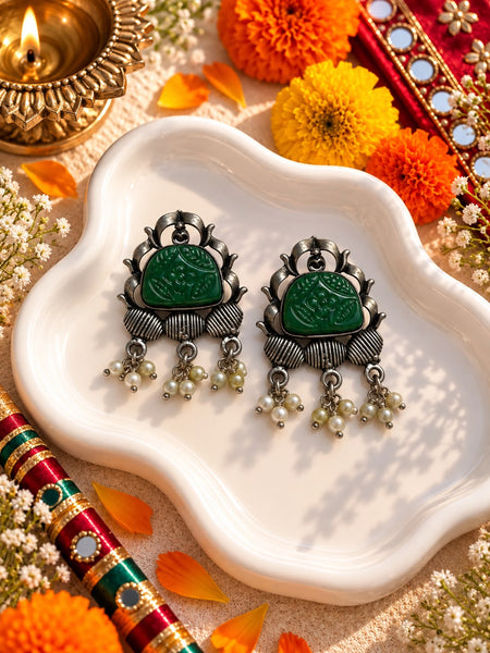 Oxidised Green Stone Carved Drop Earrings