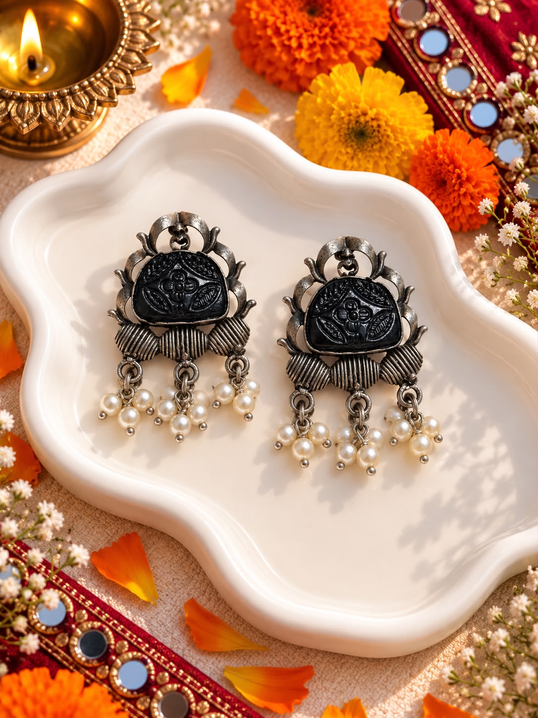 Oxidised Black Stone Carved Drop Earrings