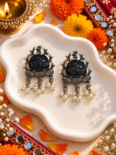 Oxidised Black Stone Carved Drop Earrings