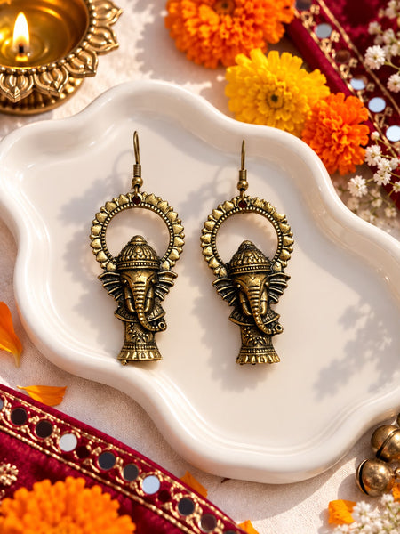 Antique Gold Ganesha Jhumka Earrings