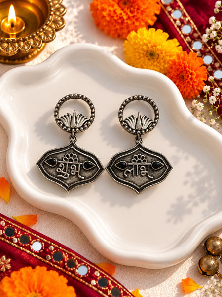 Oxidised Shubh-Labh Hanging Earrings