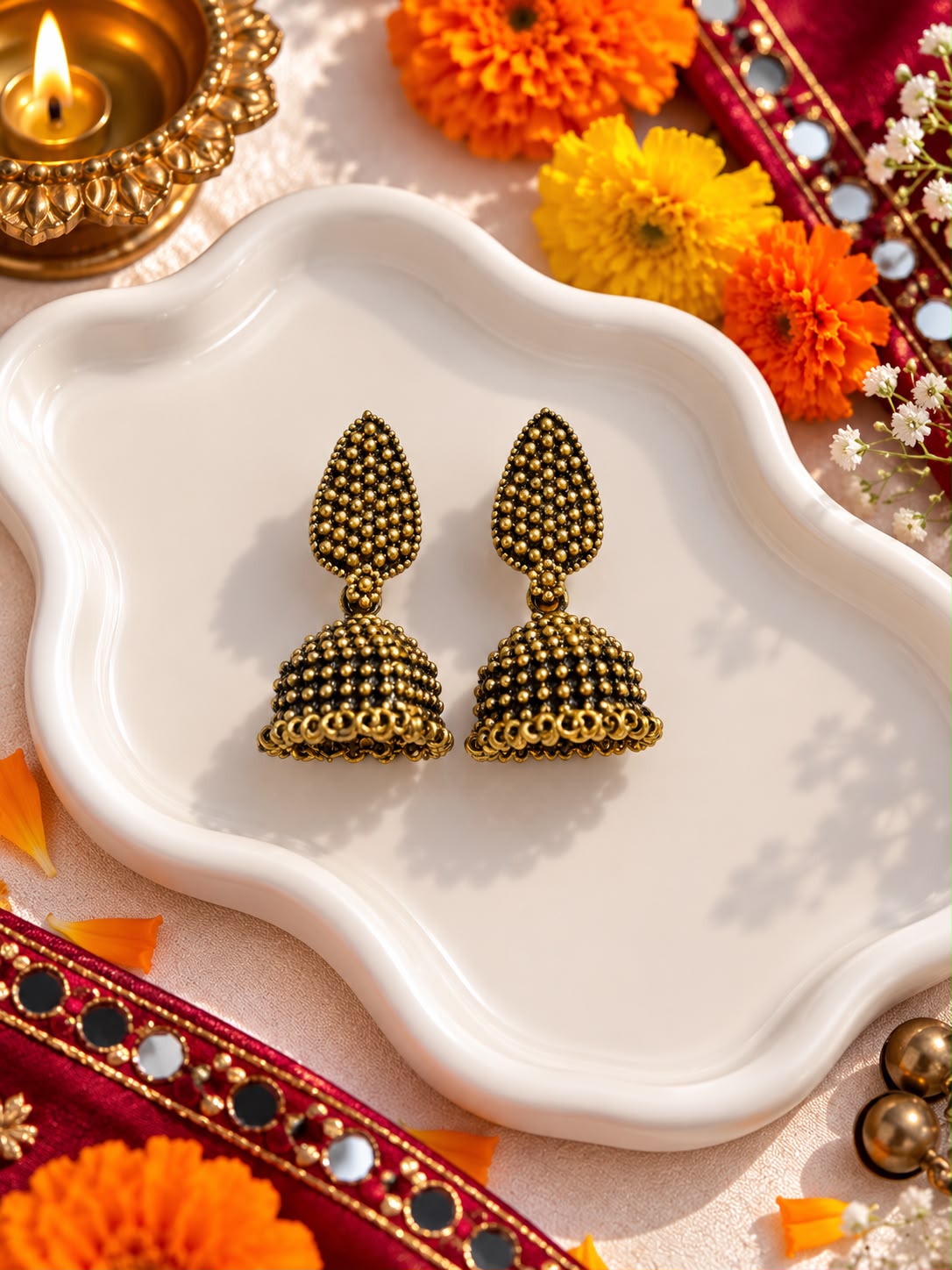 Antique Gold Beaded Dome Jhumka Earrings