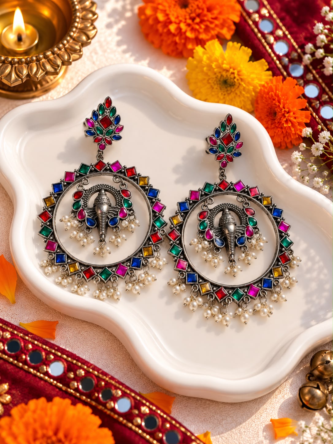 Oxidised Multicolor Stone Elephant Chandbali Earrings