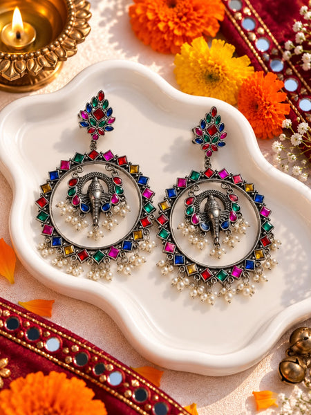 Oxidised Multicolor Stone Elephant Chandbali Earrings