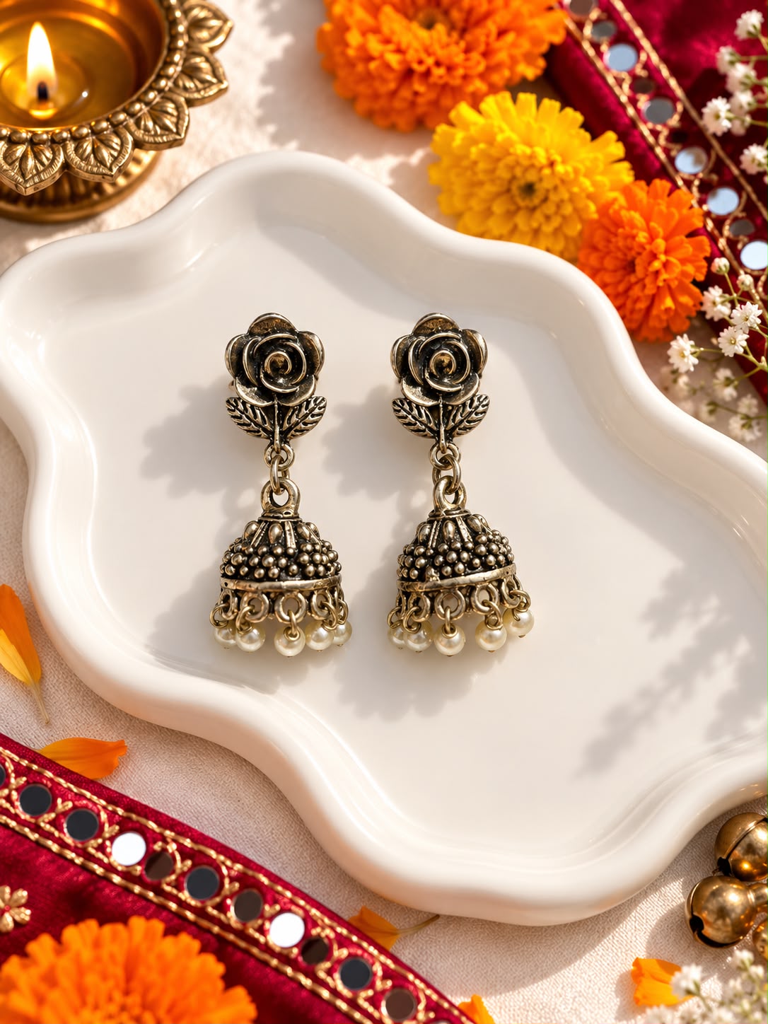 Antique Gold Rose Flower Jhumka Earrings