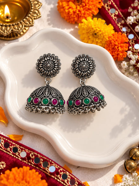 Oxidised Green Pink Stone Dome Jhumka Earrings