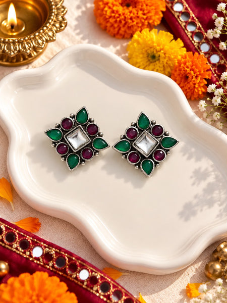 Oxidised Green Pink Stone Kundan Studs