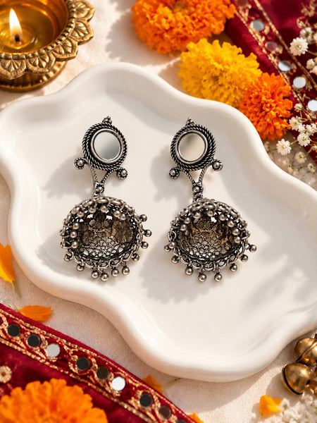 Oxidised Mirror Lattice Jhumka Earrings