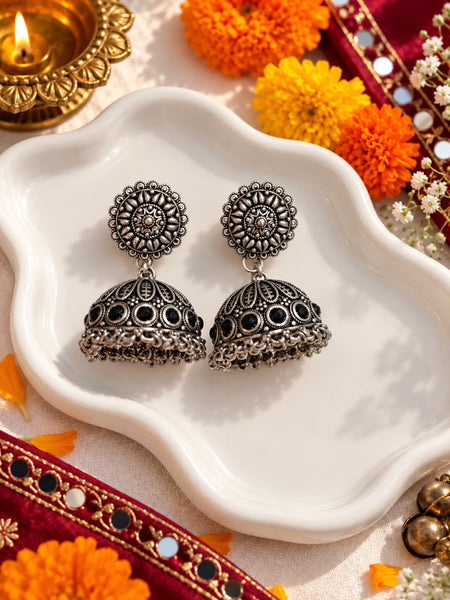 Oxidised Black Stone Floral Jhumka Earrings