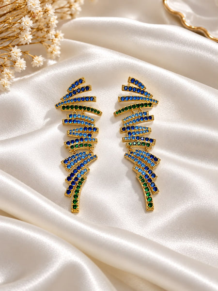 Blue and green stone cascade earrings in gold-tone setting