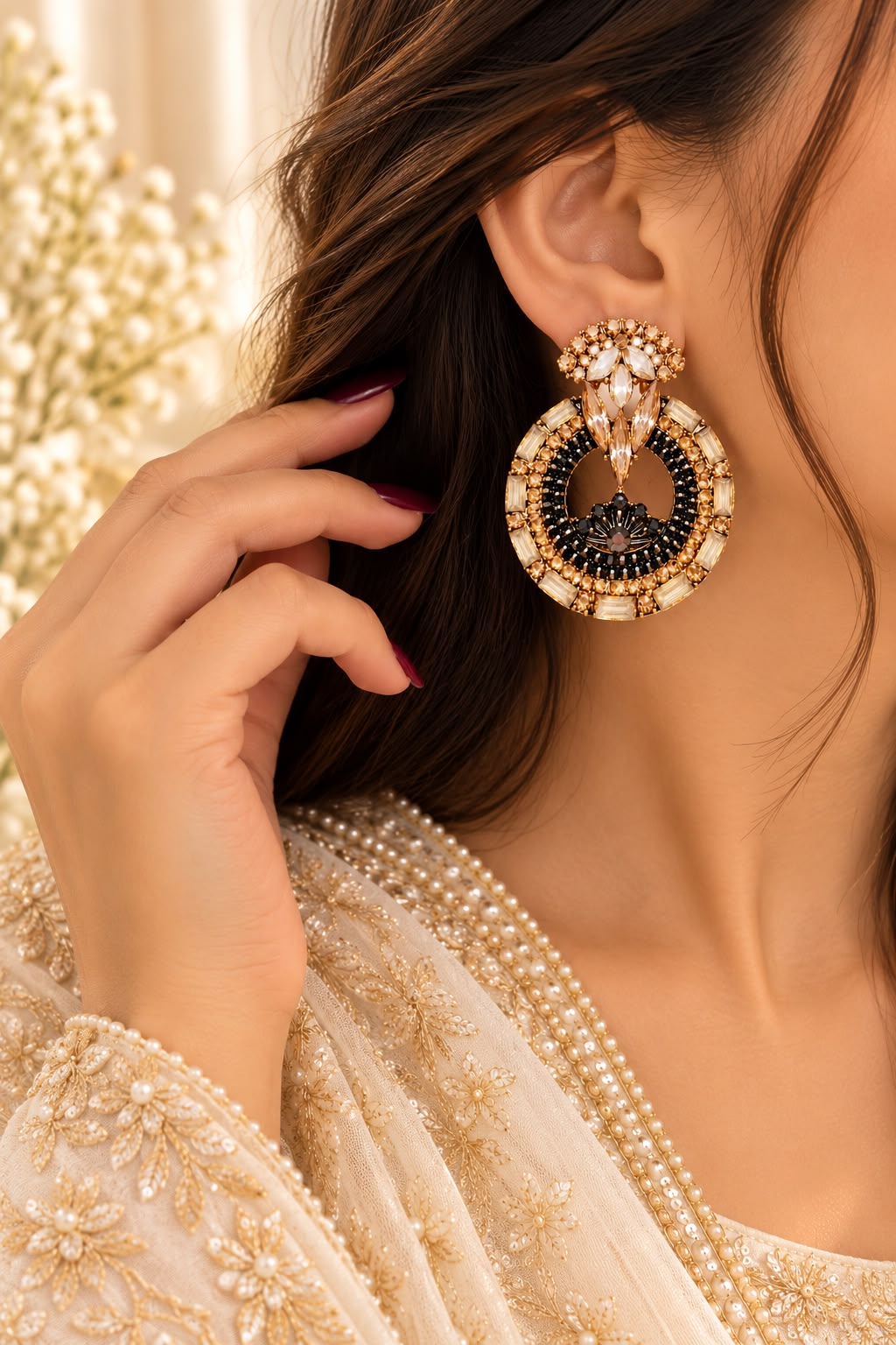 Model wearing black-and-gold circular statement earrings with clear stone accents