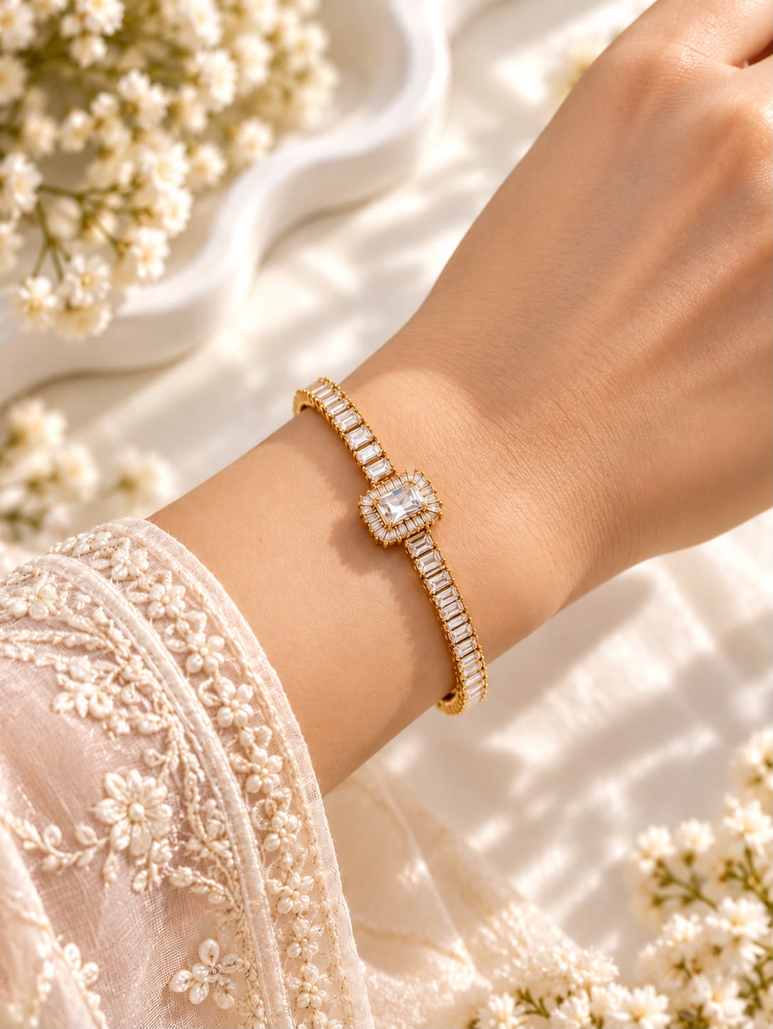 Regalia gold-tone rectangular halo bracelet shown close up on a wrist