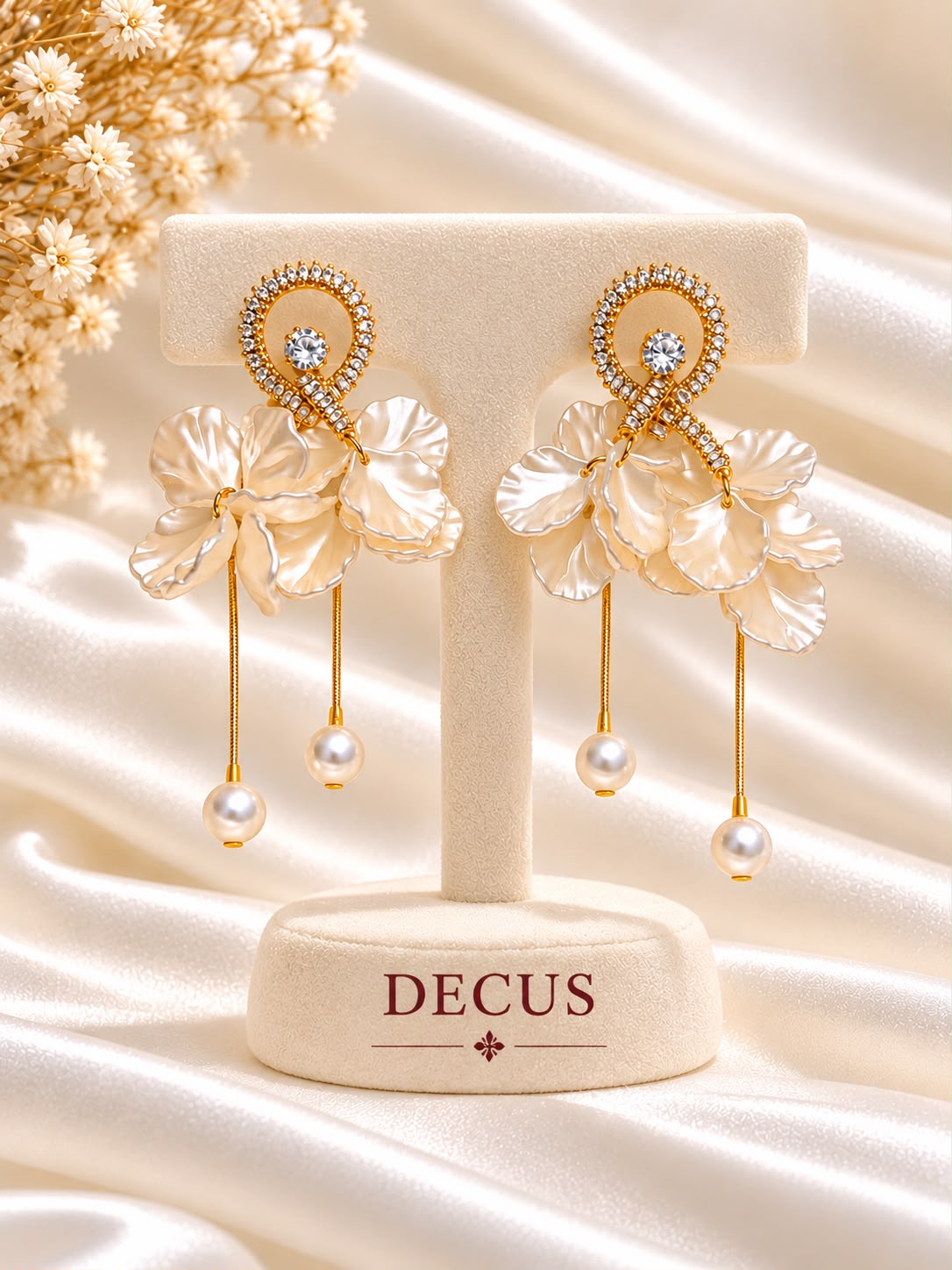 Ivory floral earrings with crystal loop tops and dangling pearl-style beads on a Decus display stand