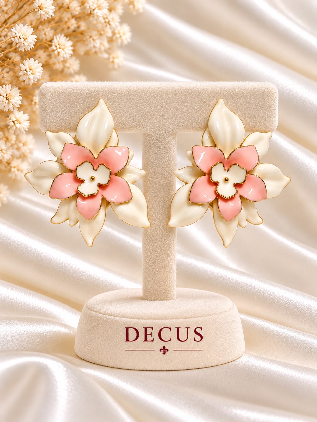 Pink and ivory layered floral earrings with gold-tone edging on a Decus display stand