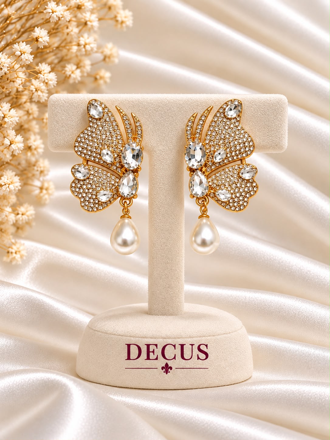 Gold-tone crystal butterfly earrings with pearl-style drops on a Decus display stand
