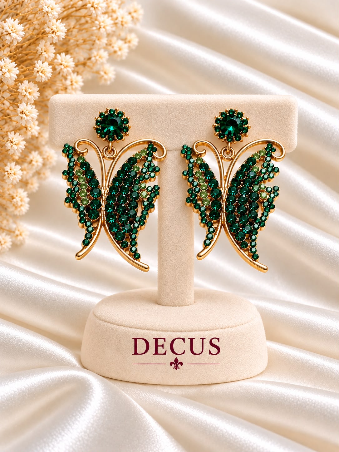 Green stone butterfly statement earrings in a gold-tone setting on a Decus display stand
