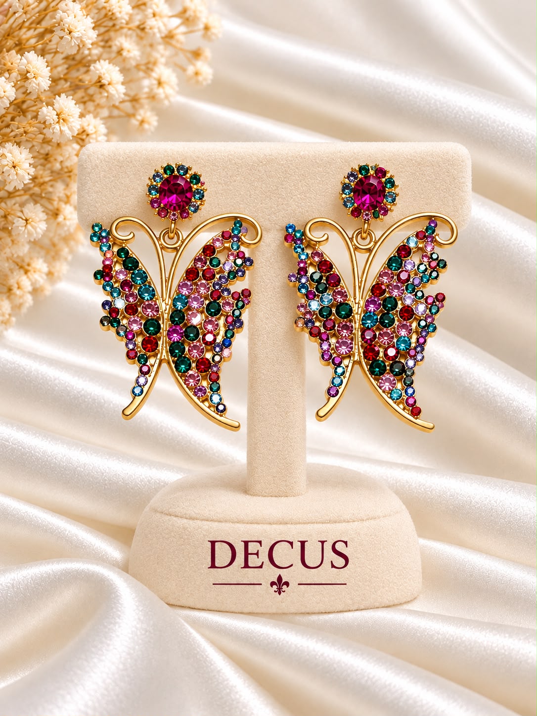 Multicolour stone butterfly earrings in a gold-tone setting on a Decus display stand
