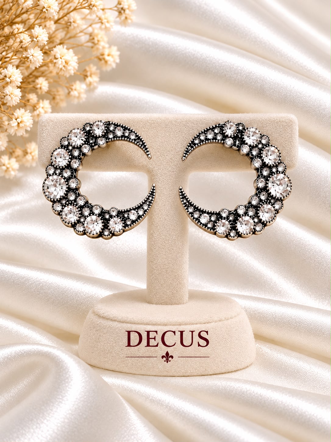 Crystal crescent earrings with clear stones in a dark setting on a Decus display stand