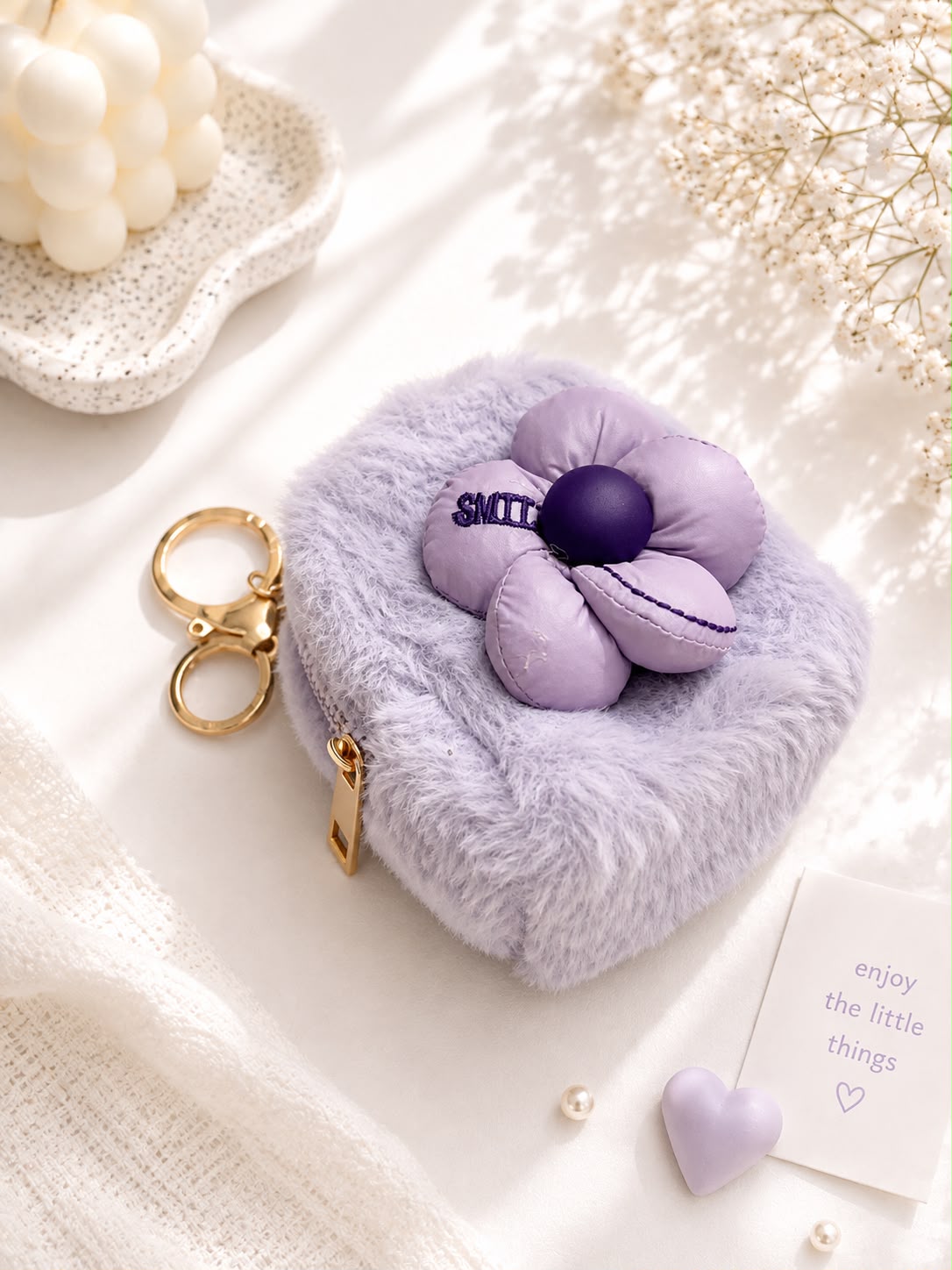 Fluffy Flower Coin Pouch - Lavender