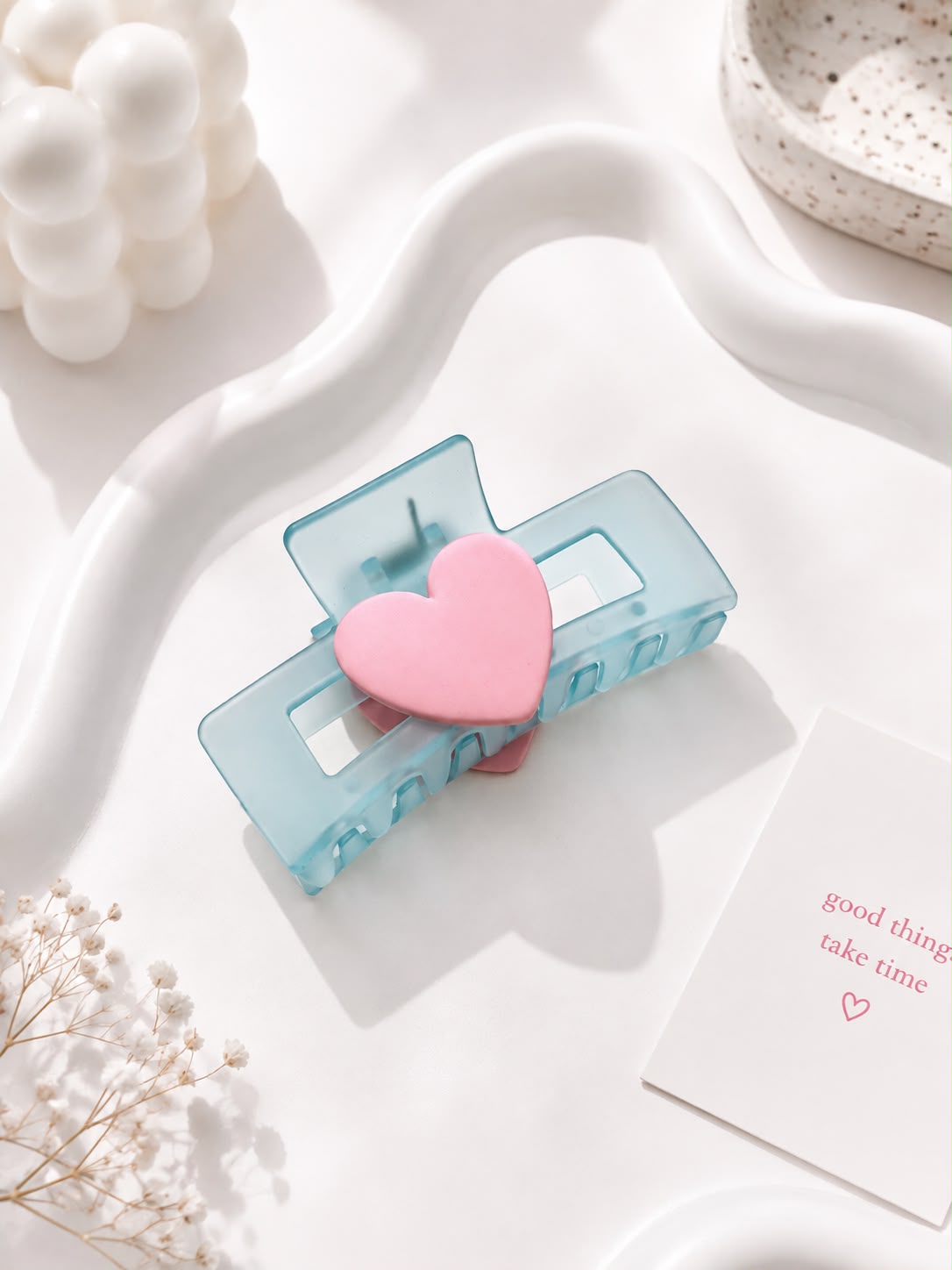 Decus Heart & Bow Charm Claw Clip - Sky Blue Heart