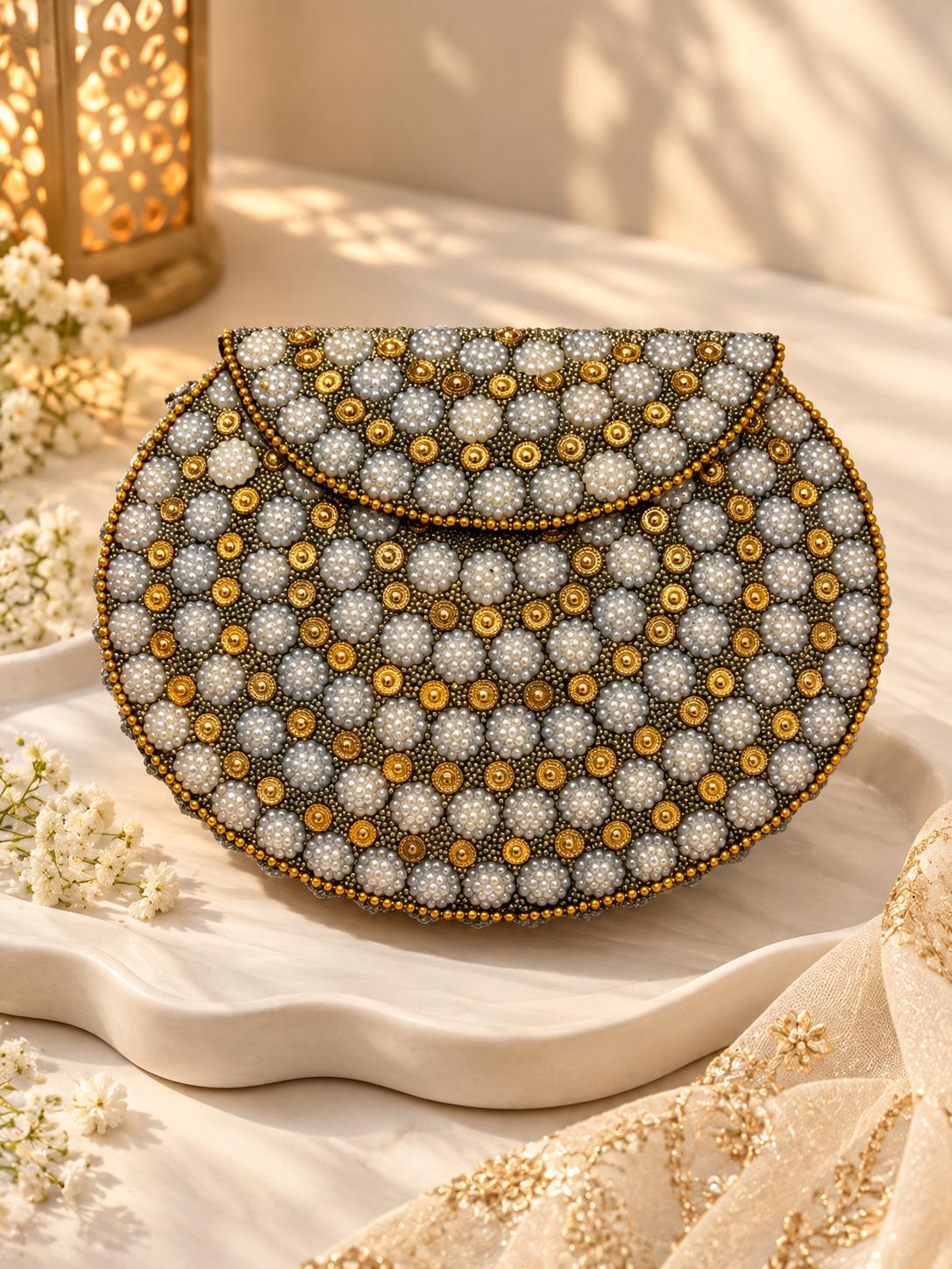 Pearl Blossom Metal Clutch with pearl clusters and antique-gold medallions - The Decus