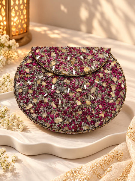 Magenta Stone Chip Metal Clutch with citrine stones and bugle beads - The Decus