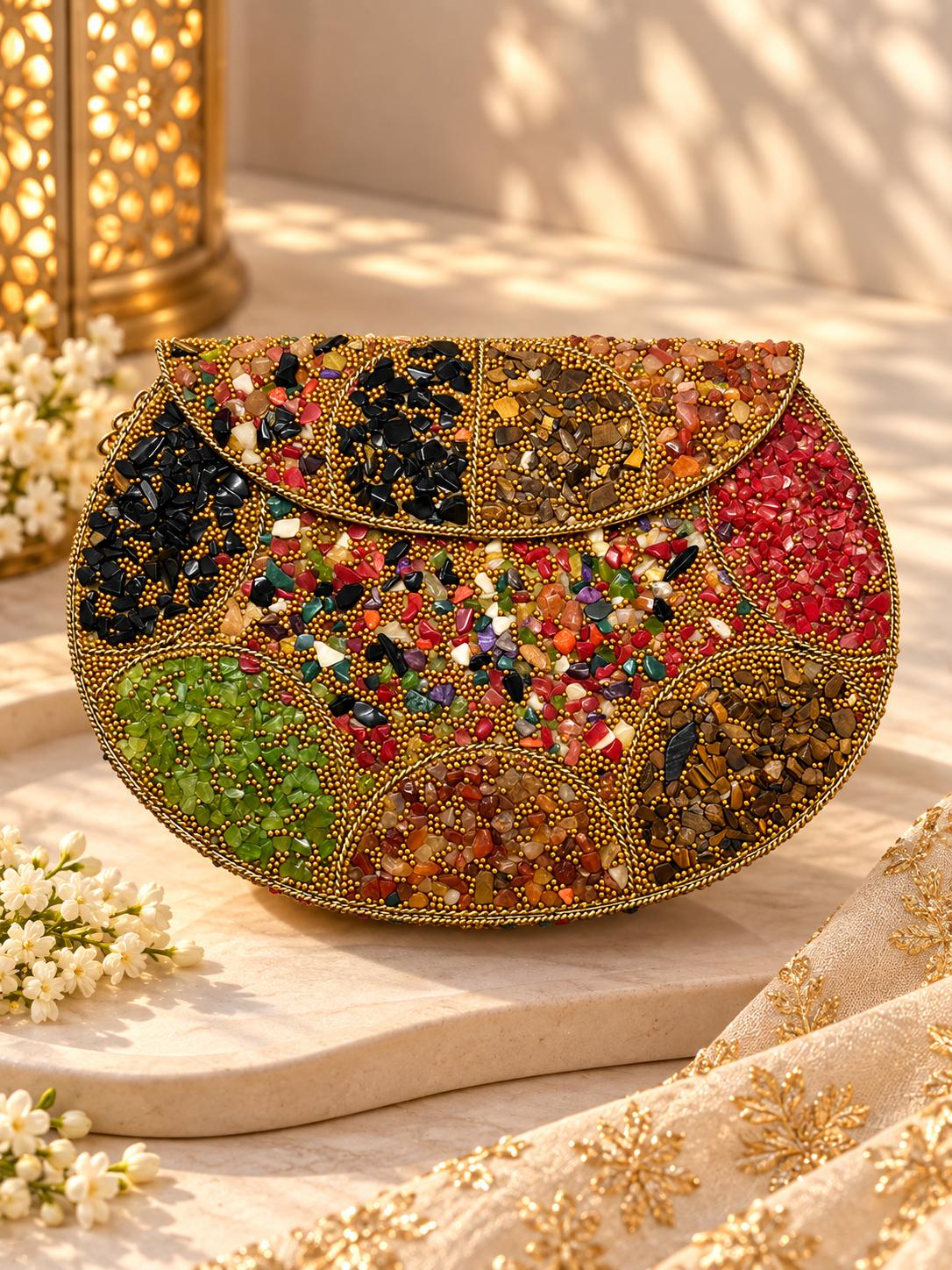Multicolour Gemstone Metal Clutch with stone chip mosaic and gold beading - The Decus