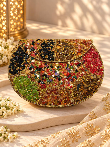 Multicolour Gemstone Metal Clutch with stone chip mosaic and gold beading - The Decus