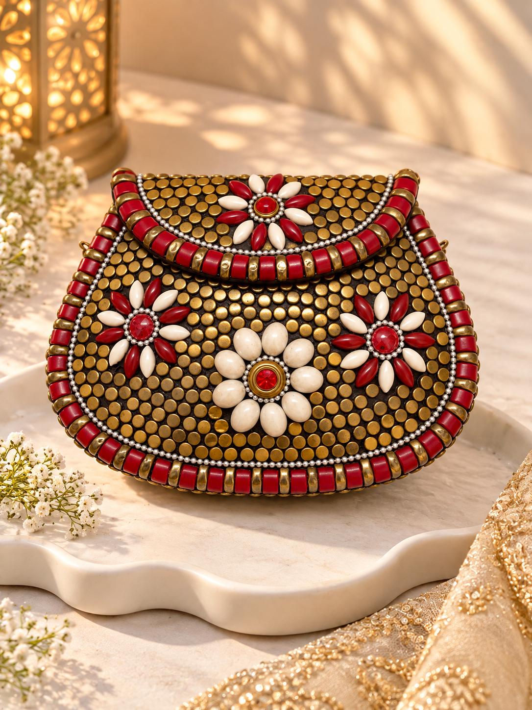 Red Floral Mosaic Metal Clutch with brass studs and red ivory flowers - The Decus