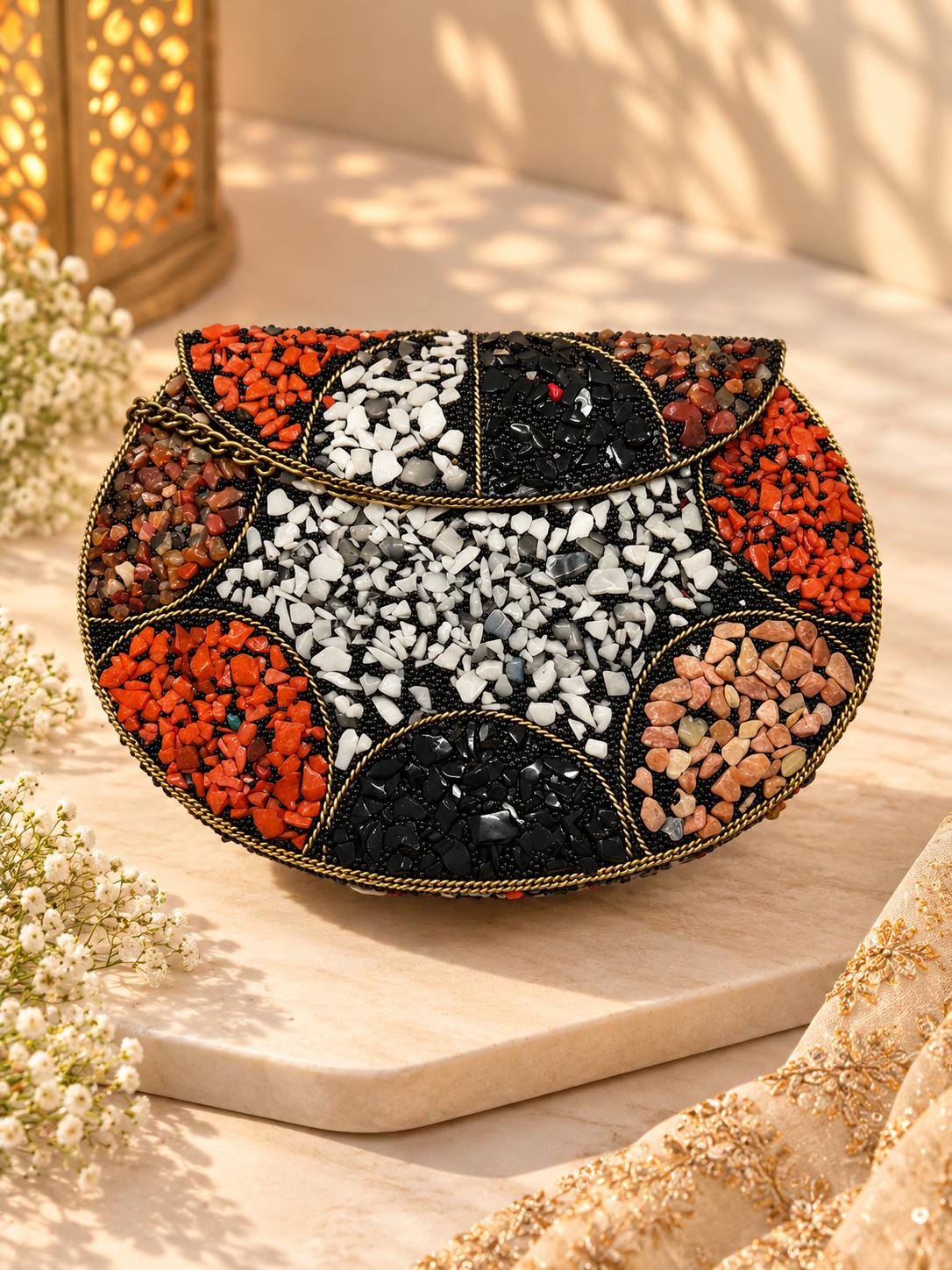 Coral and Onyx Stone Metal Clutch with coral, black and white stone chips - The Decus