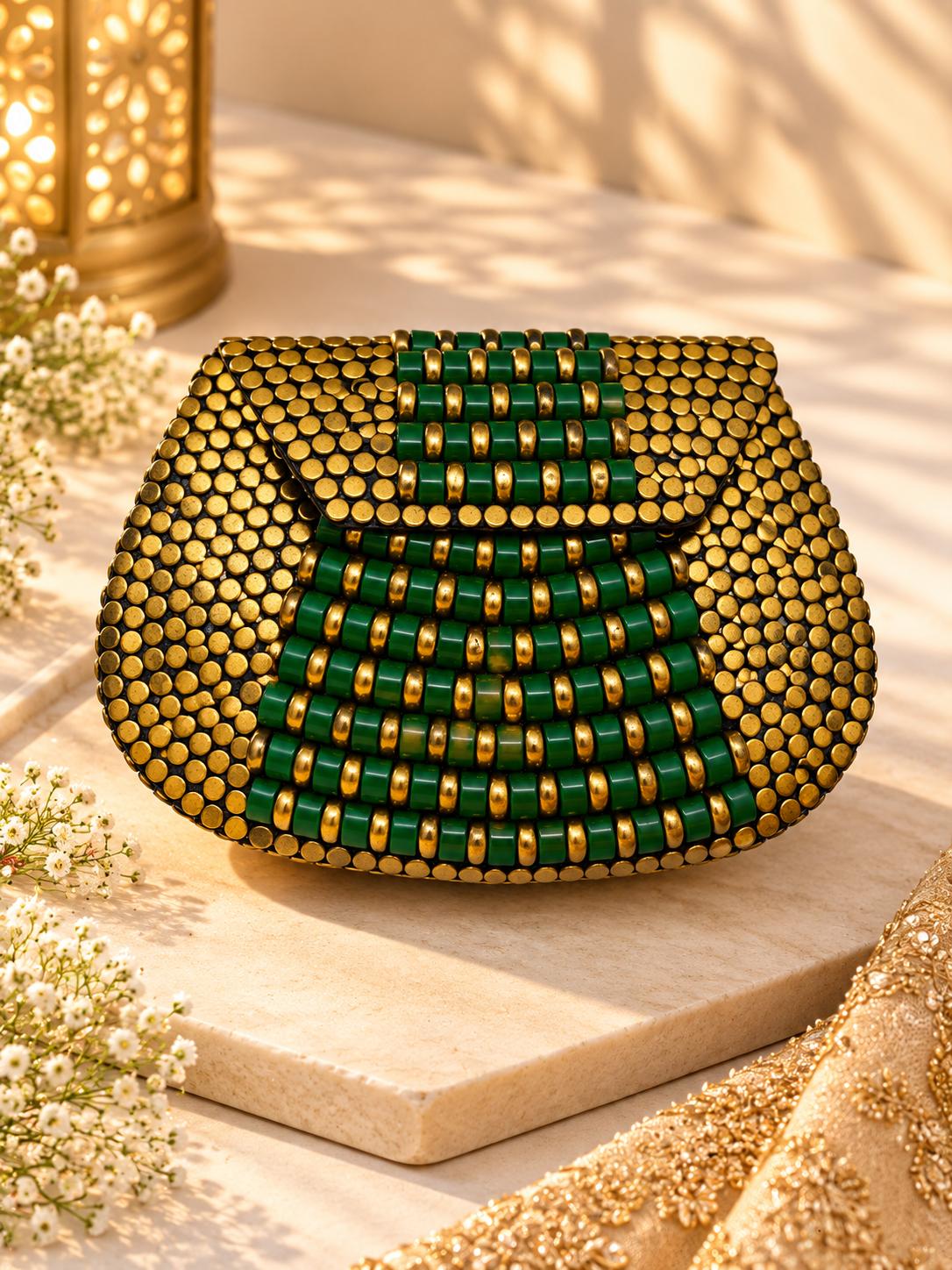 Emerald Green Beaded Metal Clutch with antique-gold studs - The Decus